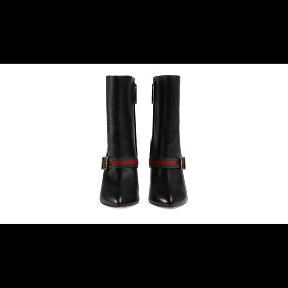 Gucci black SYLVIE web stripe leather ankle boots. - Picture 6 of 8